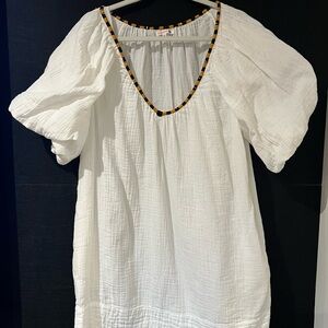 Sundry White Dress with Black and Orange Accents and puff sleeves and pockets